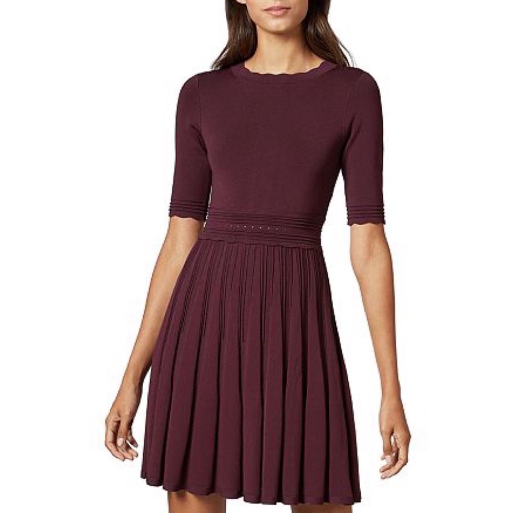 Ted Baker Dorlean Scallop Trim Knit Skater Mini Dress Burgundy sz 2 TED